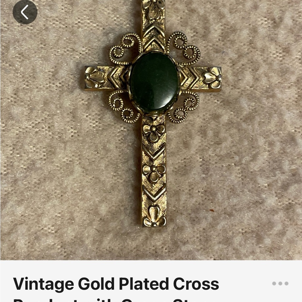 Ornate Gold Cross Pendant with Green Accent